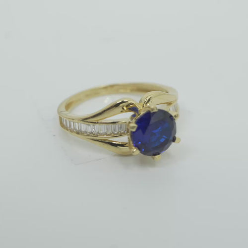 14KT Gold Ring Women's Navy Blue Round 6 Prong Center CZ with White Baguette CZ Band and Plain Lips Border