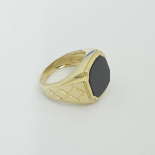 14KT Gold Ring Men's Plain Square Signet Onyx Side Design Triple Stack Rhombus