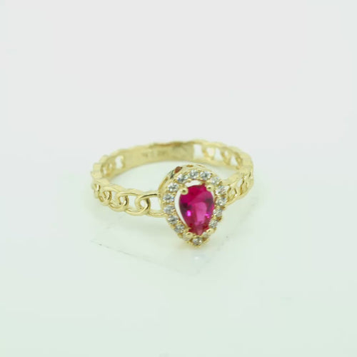 14KT Gold Ring Women's Pear Red Center Stone with White CZ Stone Border Chino Band