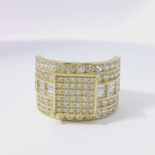 14KT Gold Ring Women's Mini Square Four Prong Six Row White CZ Stones Cluster with Four Sections of Two CZ Baguettes with Double Row of Round White CZ Stones Border Band