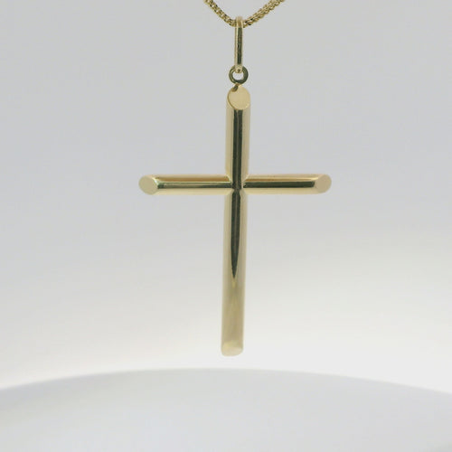 14KT Gold Charm Extra Large Plain Hollow Tube Slant Ends Cross with Plain Oval Bell