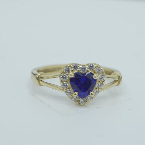 14KT Gold Ring Women's Navy Blue Heart Shape Center CZ Stone with White CZ Stone Border and Plain Split Band with Knots
