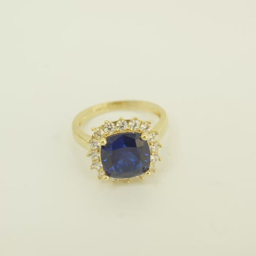 14KT Gold Ring Women's Square Jumbo Navy Blue Center CZ Stone with Round White CZ Stones Border and Plain Band
