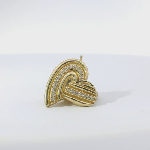 14KT Gold Earrings Medium Ribbed Single Row White CZ Stones Heart with Push Back Post and Butterfly Backs