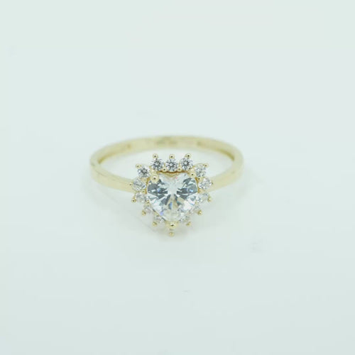 14KT Gold Ring Women's Flower Heart White Center Stone with White CZ Stone Petal Border Plain Band