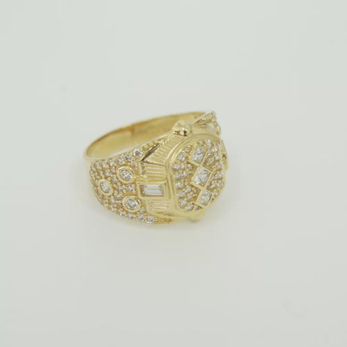 14KT Gold Ring Men's Rounded Square White CZ Stone Platform with Three Stacked Triangle Center Stones Plain Border Band Design Three Circles Plain Border Filled in U Shape CZ Stones Background