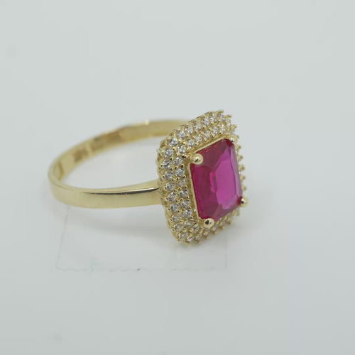 14KT Gold Ring Women's Red Rectangle Center CZ Stone with Double Round White CZ Stones Border and Plain Band