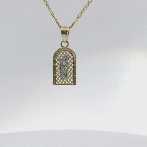 14KT Gold Charm Extra Small Two Tone St Jude Diamond Cut Lattice Square Archway and Plain Bell