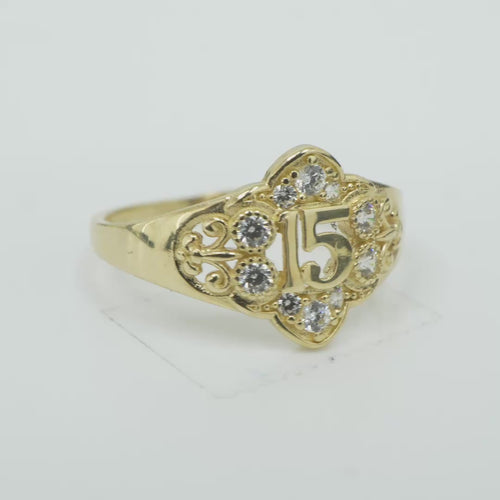 14KT Gold Ring Women's Floral Shape "15" Quinceanera with 10 Round White CZ Stones Border and Flur de Lis Plain Band