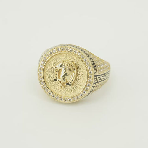 14KT Gold Ring Men's Round Raised Half Horse/Horseshoe Coin Design with Single Row White CZ Stone Border Shank Design Black Background Greek Pave White CZ Stones