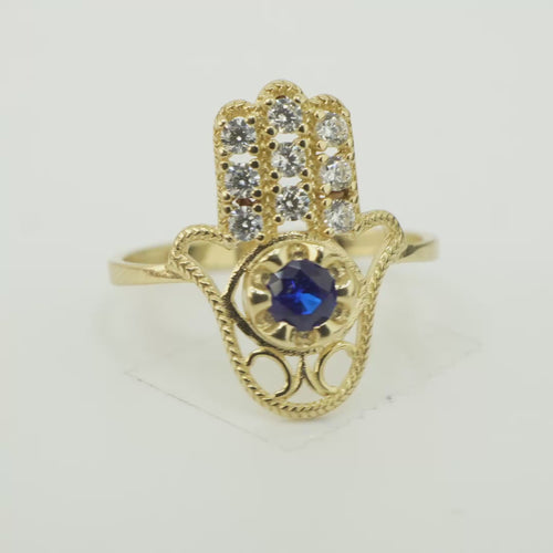 14KT Gold Ring Women's Hand Navy Blue Round Center CZ Stone with 3 White CZ Stones on 3 Fingers and Plain Band