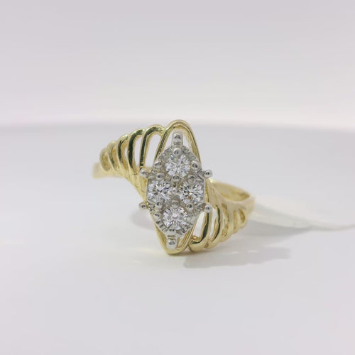 14KT Gold Ring Women's 4 Round White CZ Stones on White Gold Marquise Shape Cluster and Open Fanned Ovals