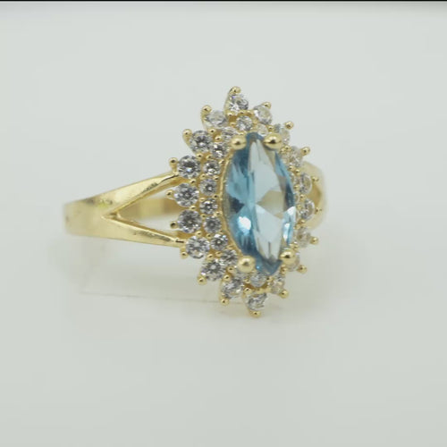 14KT Gold Women's Ring Marquise Light Blue Center CZ with Round Double CZ Border Plain Split Band