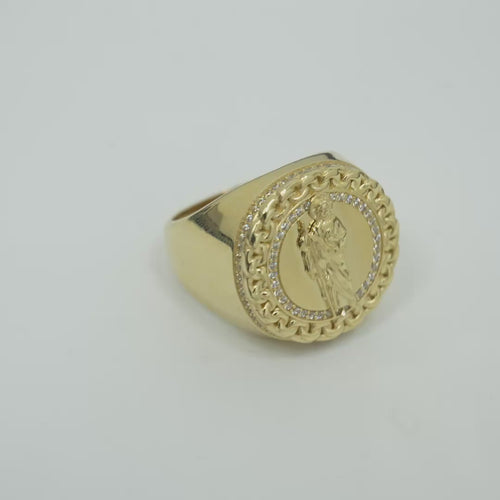 14KT Gold Ring Men's Round St. Jude Chino Border One Row White CZ Stones Outside Border Plain Band