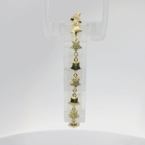 14KT Gold Bracelet Women's Alternating White CZ Stones Stars and Plain Stars and White CZ Stone End Cuban Link Lobster Clasp Band