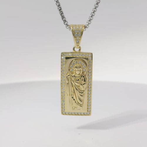 14KT Gold Charm Small St Jude Center with White CZ Stones Halo, Rectangle Border, and Bell