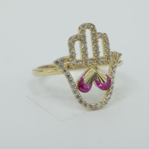 14KT Gold Ring Women's Hand 2 Red Pear Center CZ Stones with White CZ Stones Borders and Plain Band