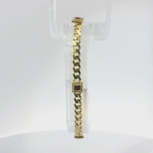 14KT Gold Bracelet Women's Three Charm Square Dark Pink CZ Stones with White CZ Stones Border and White CZ Stone End Cuban Link Lobster Clasp Band