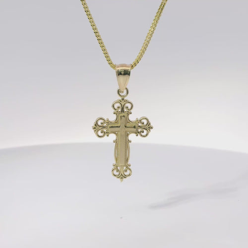 14KT Gold Charm Medium Engravable Center Ornate Cross with Plain Bell