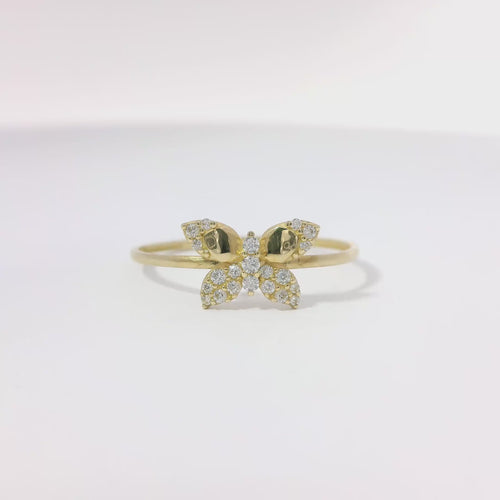 14KT Gold Ring Women's Light Weight Butterfly with White CZ Stones Wings Plain Band