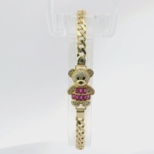 14KT Gold Bracelet Women's White CZ Stones Teddy Bear with Black CZ Stones Eyes, Dark Pink Baguette Stones Dress and White CZ Stone End Cuban Link Lobster Clasp Band