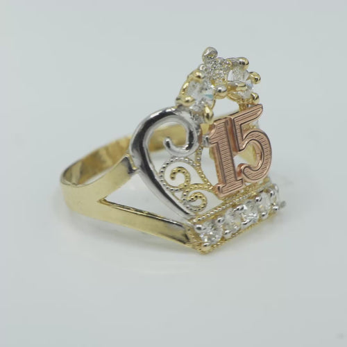 14KT Gold Ring Women's Tri Tone "15" Quinceanera Tiara with Two Round White CZ Stones on Top and Five Round White CZ Stones on Tiara Band Plain Split Band
