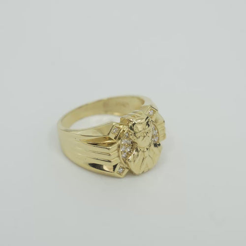 14K Gold Ring Men's Round Malverde with White CZ Stone Background and One White CZ Stone on Edge Corners