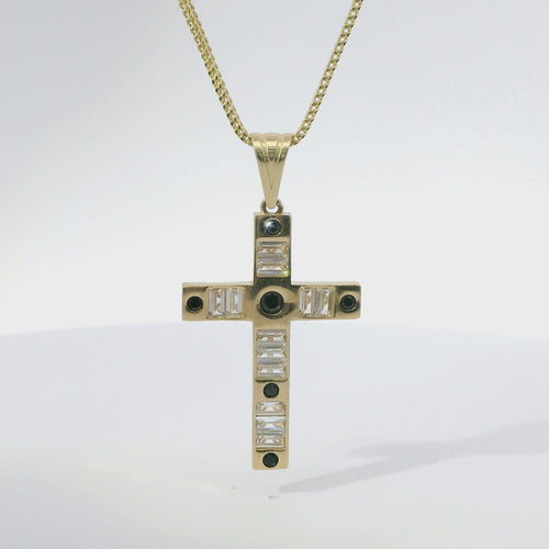 14KT Gold Charm Medium Baguette CZ Stones Cross with Six Black Round CZ Stones Ends and Plain Bell