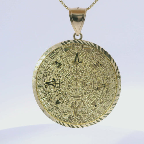 14KT Gold Charm Extra Large Myan Calander Coin with Diamond Cut Edge and Plain Bell