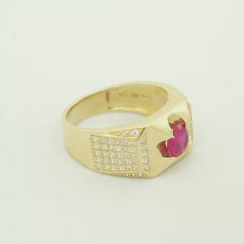 14KT Gold Ring Men's Clove Prong Red Round CZ Center Stone Plain Square Border Side Design White CZ Stones Single Row Frame with 5 x 6 Round White CZ Stones