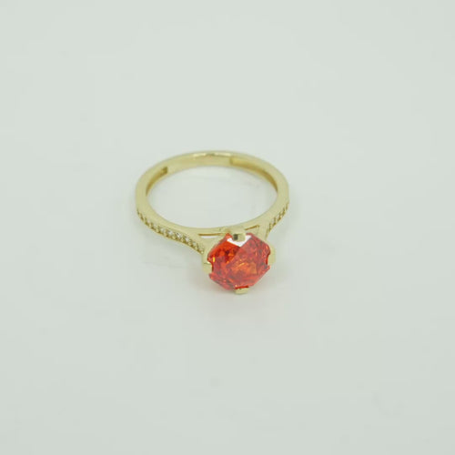 14KT Gold Women's Ring Octagon Rose Mini 4 Prong Burnt Orange CZ Center Stone with Round White Pave CZ Stone Band