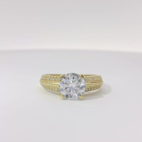 14KT Gold Ring Women's 4 Prong Round Cushion Cut White CZ Stone Solitaire with Double Row of White CZ Stones with Raised Plain Center Line Band