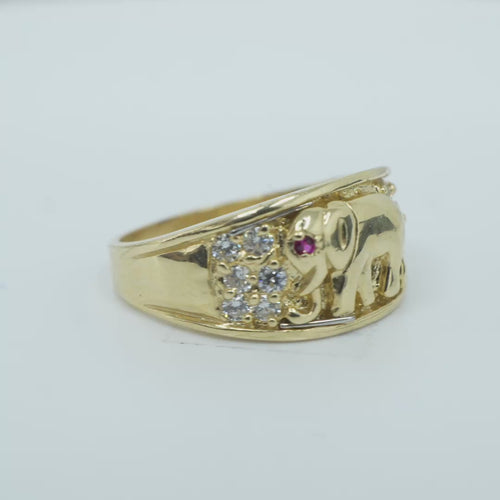 14KT Gold Ring Women's Elephant Band with White CZ Stones Sides Pink CZ Eye Plain Band