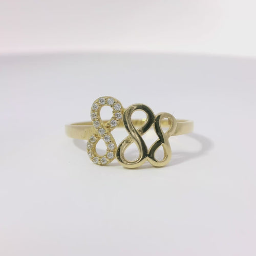 14KT Gold Ring Women's Triple Infinity Loop One White CZ Stone and Two Plain Loops with Plain Band