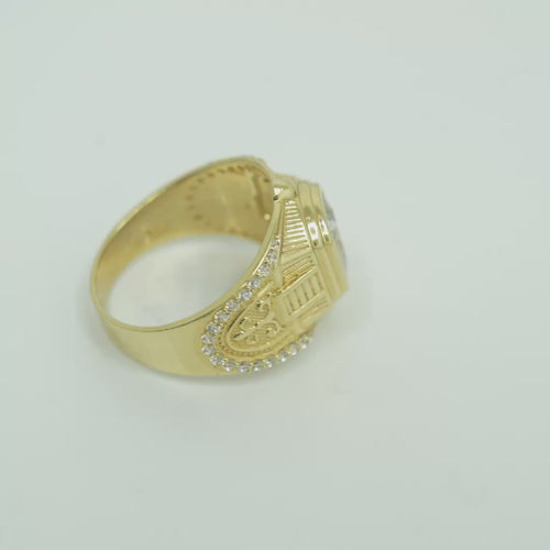 14KT Gold Ring Men's Rectangle Double Plain Border Shank Design Fleur De Lis with U Shaped White CZ Stone Border