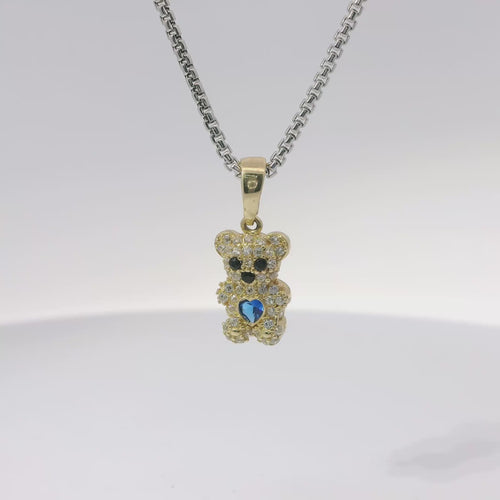 14KT Gold Charm Extra Small White CZ Stones Teddy Bear with Navy Blue Heart Belly and Plain Bell