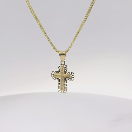 14KT Gold Charm Extra Small White CZ Stone Cross Center with Plain Open Heart Cutout Ends Border and Plain Bell