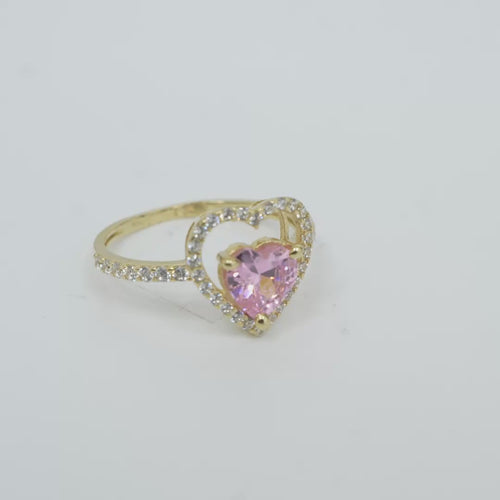 14KT Gold Ring Women's Open White CZ Heart Shape and Band with Smaller Pink Heart Shape CZ Center Stone