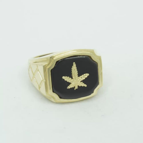 14KT Gold Ring Men's Square Onyx Marijuana Leaf with Plain Border Side Design Triple Stacked Rhombus