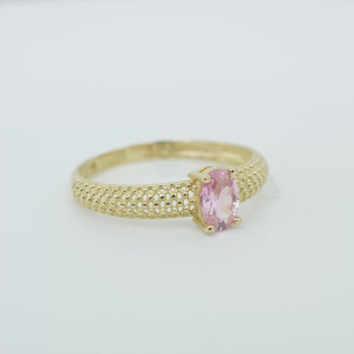 14KT Gold Ring Women's Pink Oval Center CZ Honeycomb Cutout Band