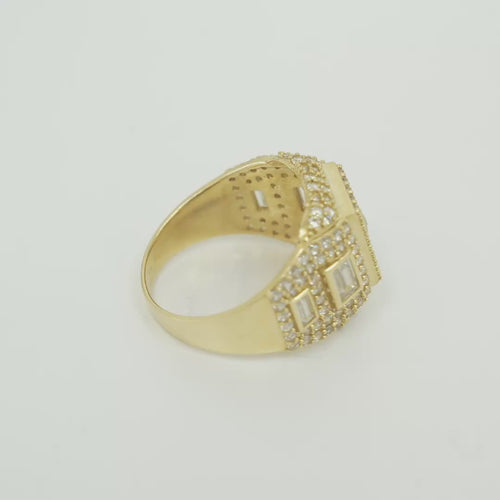 14KT Gold Ring Men's Square Seven Row White CZ Stone Platform Center Diamond Shape Raised Center Stone with Plain Border Band Design Two Baguette Stones Plain Border with White CZ Stone Background
