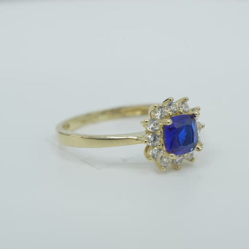 14KT Gold Flower Women's Ring Square Navy Blue Center with White CZ Stone Petals Border Plain Band