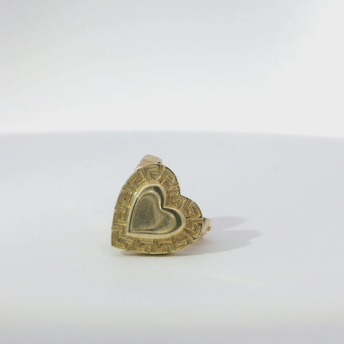 14KT Gold Earring Small Engravable Greek Border Heart with Push Back Post and Butterfly Backs