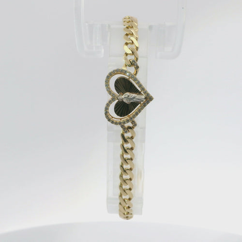 14KT Gold Bracelet Women's Single Charm Tri Tone Sunray Virgin Mary Heart with White CZ Stones Border and White CZ Stone End Cuban Link Lobster Clasp Band