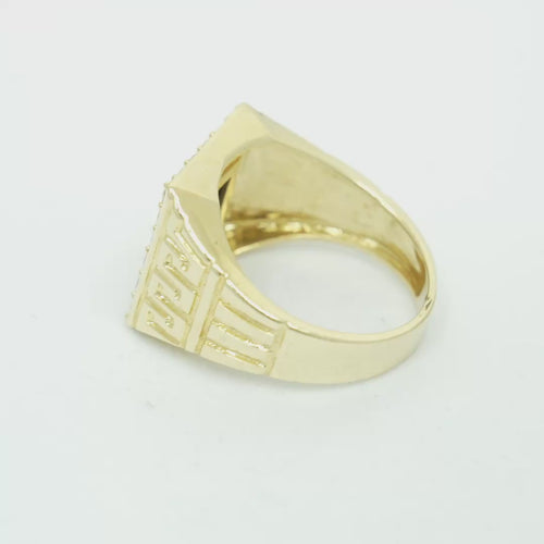 14KT Gold Ring Men's Square Onyx Cross Outline Center with White CZ Top Stones Side Design Greek