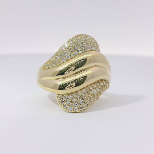 14KT Gold Women's Ring Abstract Plain Double Wave Band with White CZ Stones on Top and Lower Bands