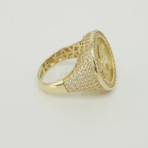 14KT Gold Ring Men's Round Raised Full Horse Coin Design with Single Row White CZ Stone Border Band Design 8 Rows of Pave White CZ White Stones