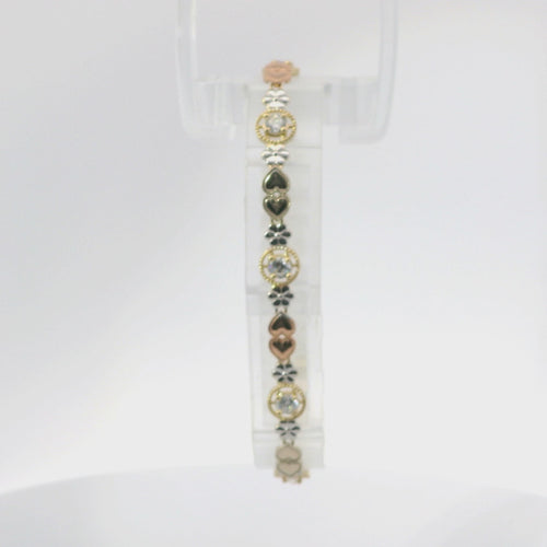 14KT Gold Bracelet Women's Tri Tone Tennis with Alternating White CZ Stones, Flowers, and Double Vertical Rose Gold and White Gold Hearts Pattern with Beaded Border and Lobster Clasp