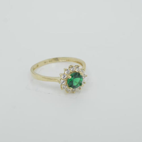 14KT Gold Ring Women's Flower Round Dark Green Center Stone with White CZ Stone Petals Border Plain Band