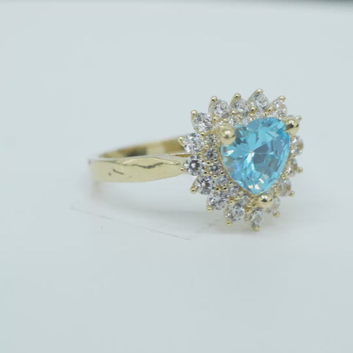 14KT Gold Ring Women's Heart Turquoise CZ Center with Round Double White CZ Stones Border and Plain Band